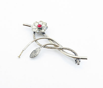 925 Sterling Silver  Vintage Red Topaz Shiny Floral Vine Brooch Pin  BP1154