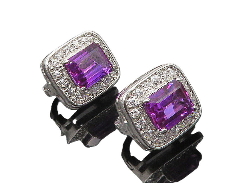 925 Sterling Silver  Vintage Amethyst & Cubic Zirconia Drop Earrings  EG10935