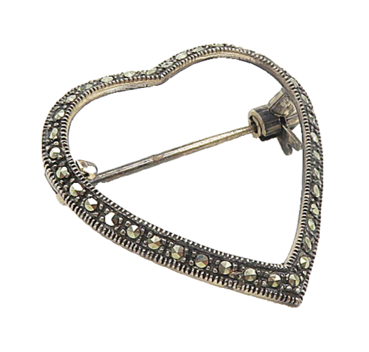 925 Sterling Silver  Vintage Sparkling Marcasite Love Heart Brooch Pin  BP3359