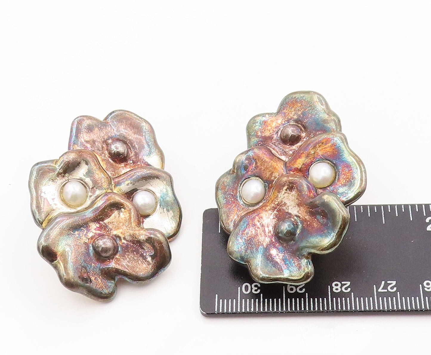 925 Sterling Silver Vintage Earrings BAT AMI ISRAEL Pearl Flowers  EG13372