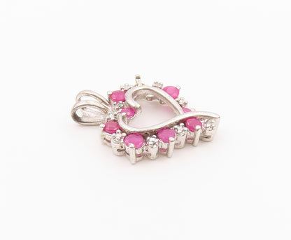 925 Sterling Silver Vintage Genuine Diamonds & Ruby Love Heart Pendant PT20093
