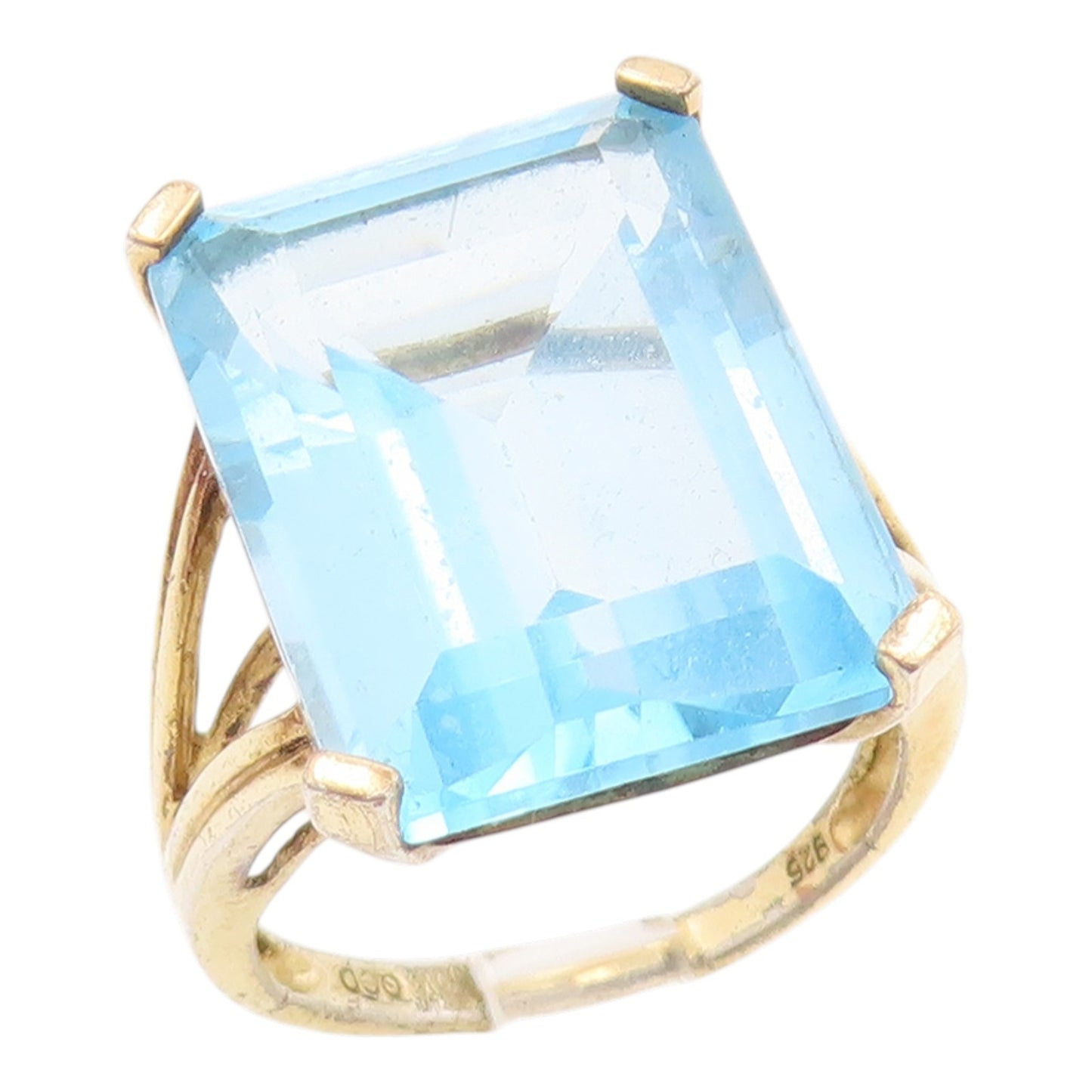 925 Sterling Silver Vintage Ring Gold Plated large Aquamarine Band Sz 9 RG35697