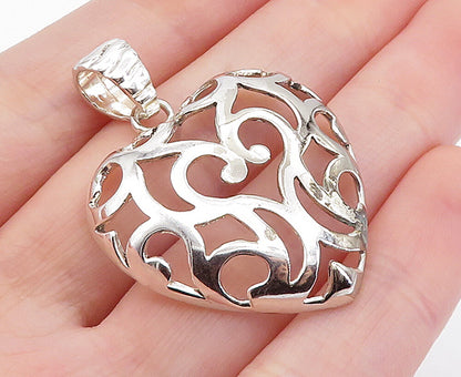 925 Sterling Silver  Vintage Shiny Open Swirl Love Heart Dome Pendant  PT4966