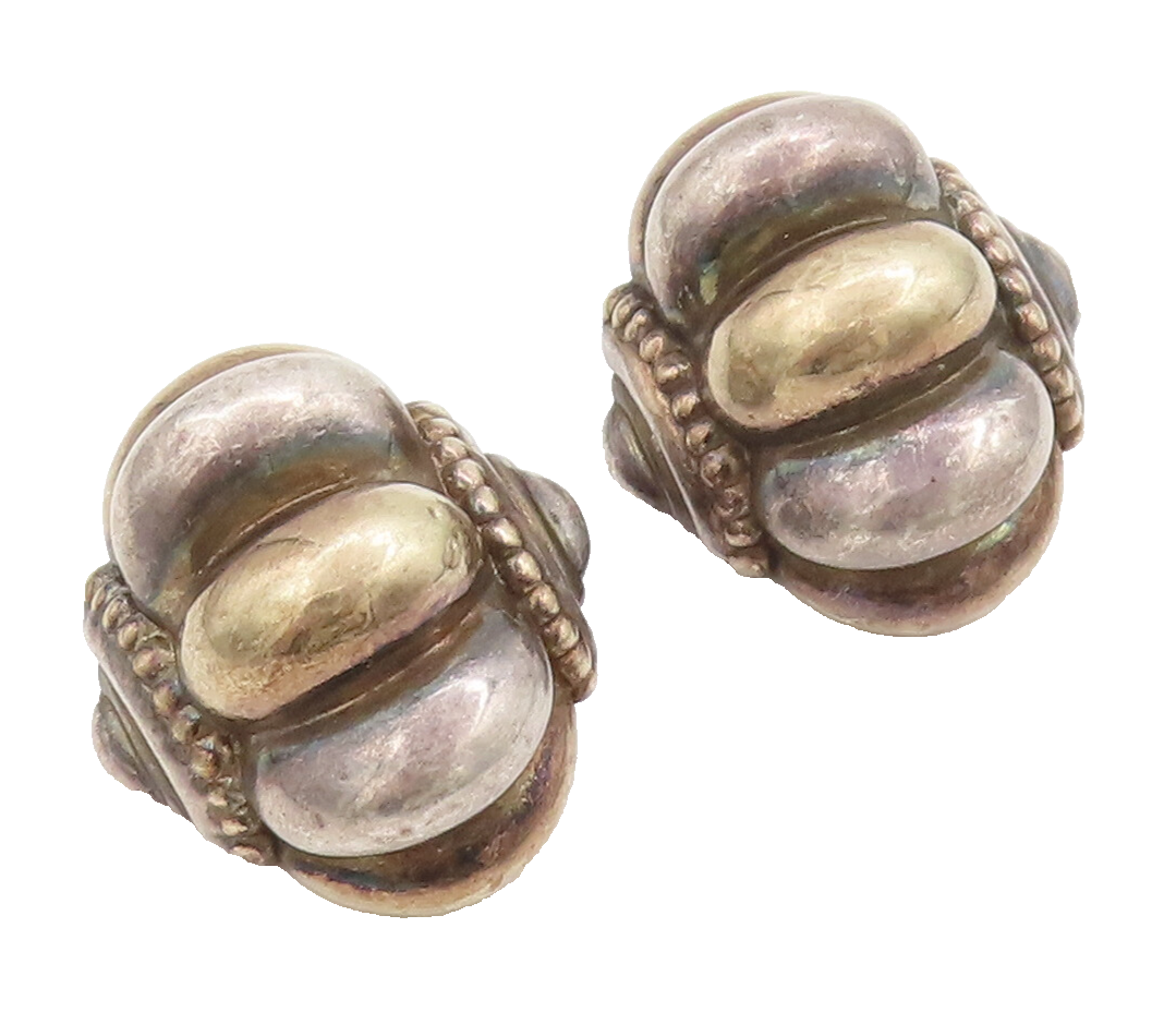 925 Sterling Silver Vintage Earrings Large Solid Puffed Beaded Carved  EG13045