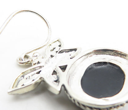 925 Sterling Silver Vintage Black Onyx Dragonfly Shiny Drop Earrings EG3573
