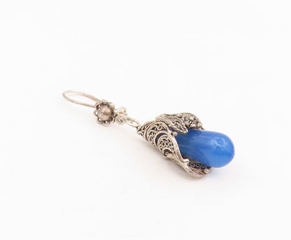 925 Sterling Silver Vintage Earrings Blue Beaded Bohemian Floral Dangle  EG13909