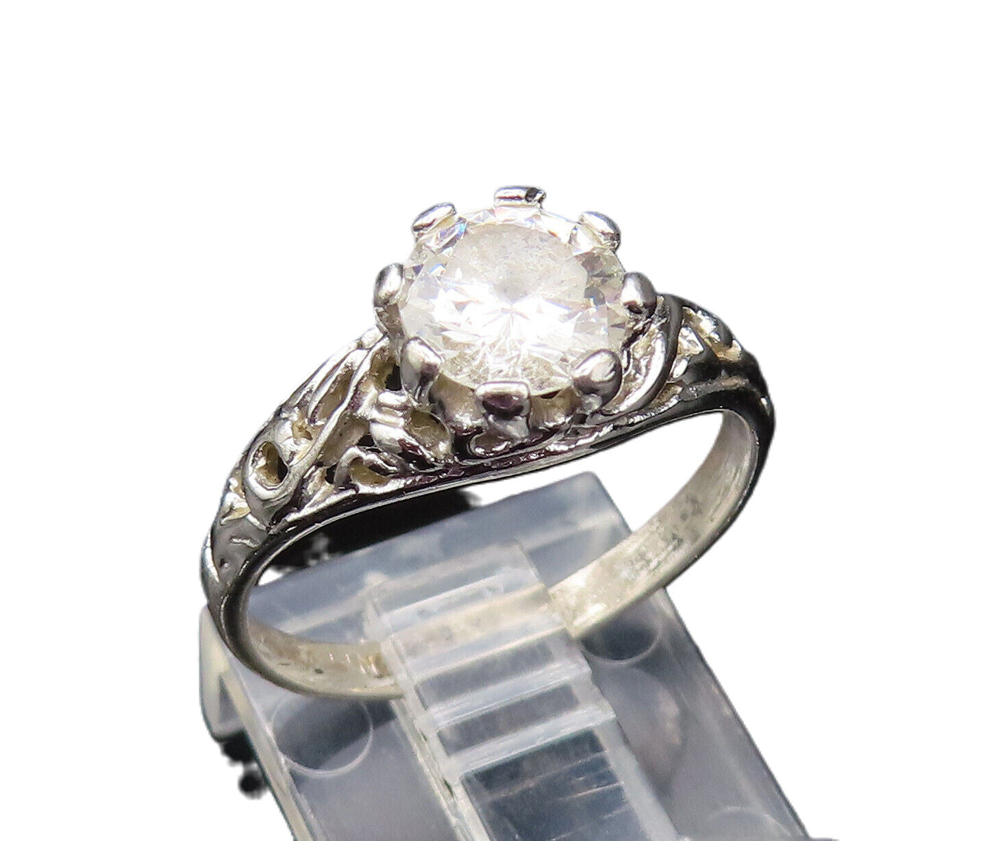 925 Sterling Silver  Vintage Open Swirl Cutout Topaz Ring Sz 7.5  RG25652