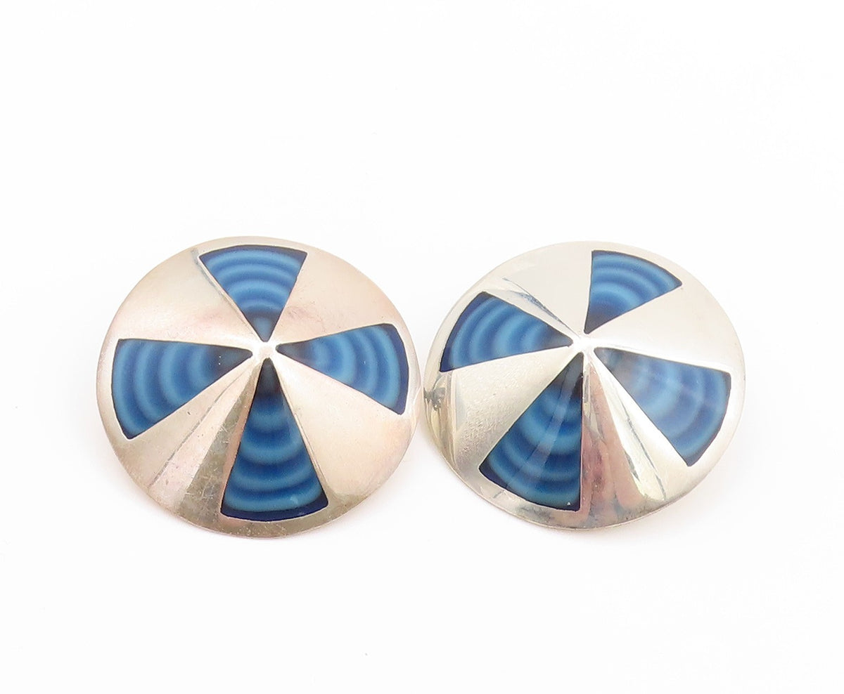 925 Sterling Silver Vintage Earrings MEXICO Designer Gemstone Fan Disk  EG13579