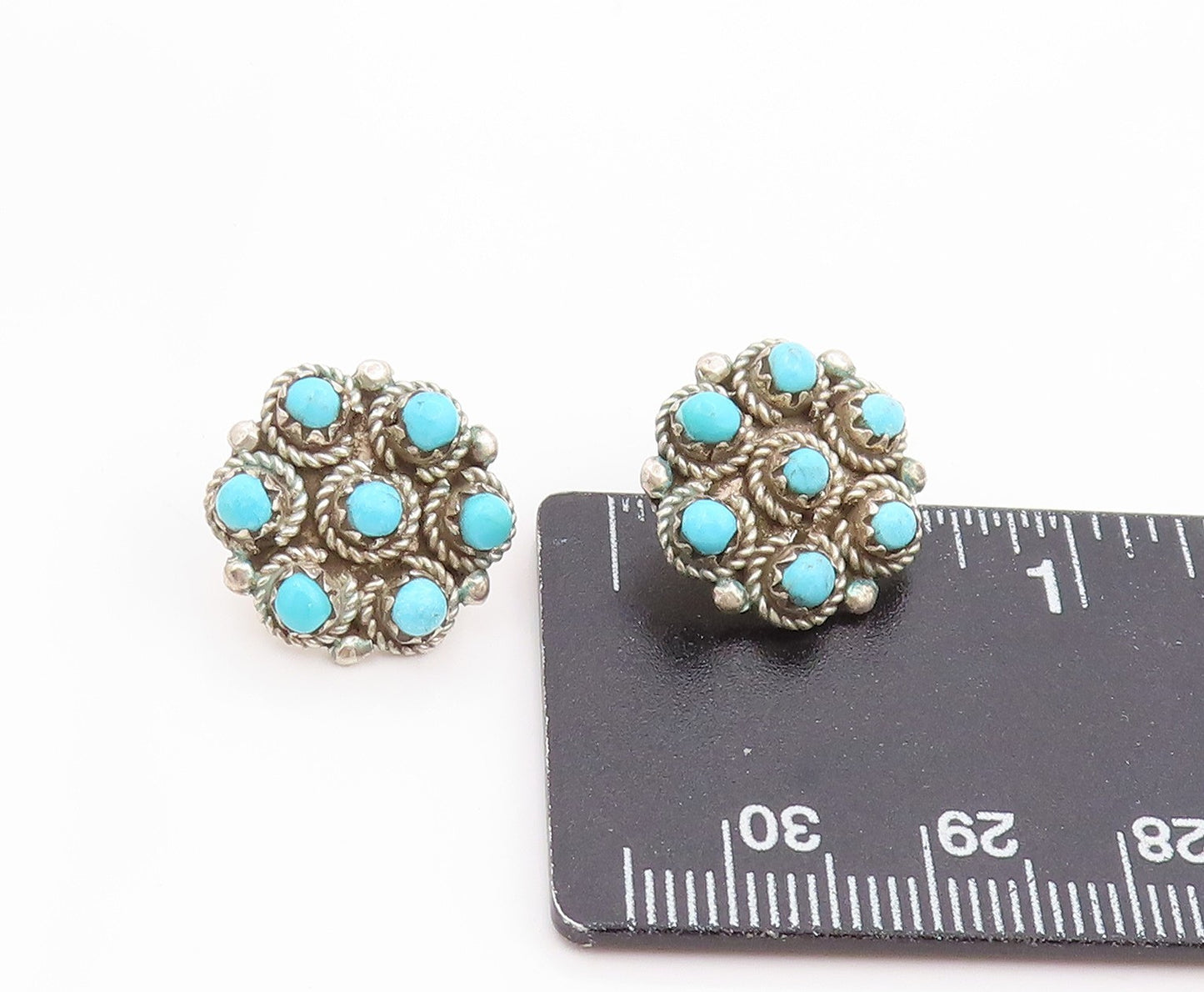 925 Sterling Silver Vintage Earrings NAVAJO Round Turquoise Floral Stud  EG14035