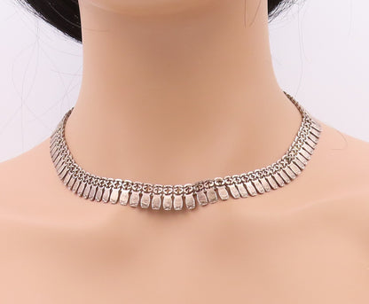 925 Sterling Silver Vintage Necklace Carved Small Flat Rectangular Links  NE4572