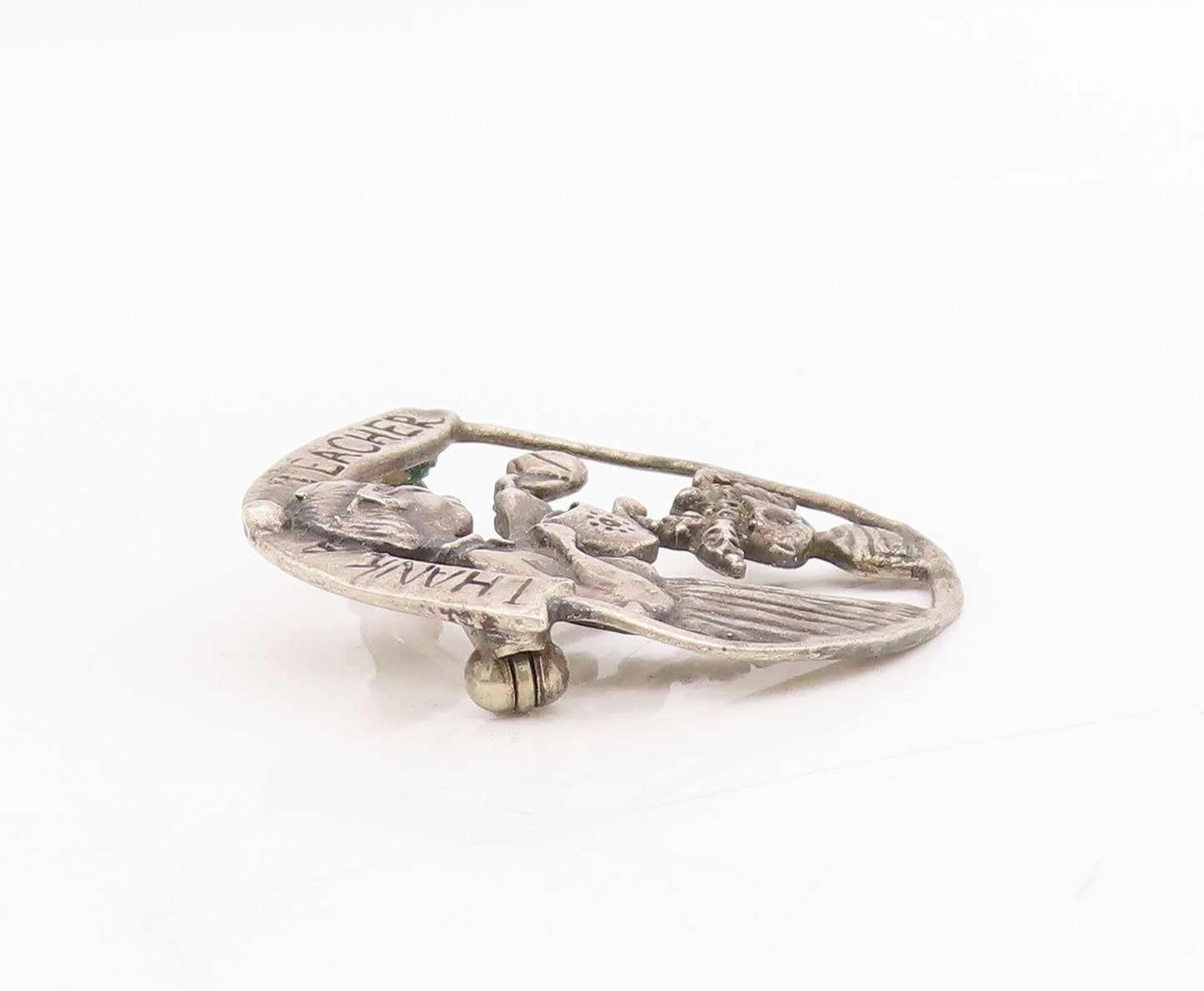 925 Sterling Silver Vintage Brooch Dark Tone Teachers Day Badge Cutout  BP11490