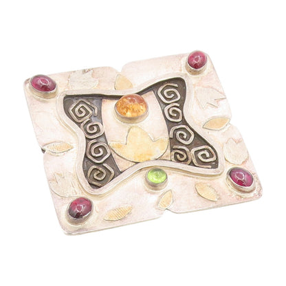 22k Gold & 925 Sterling Silver Vintage Brooch Modernist Multi Gemstone  BP12217