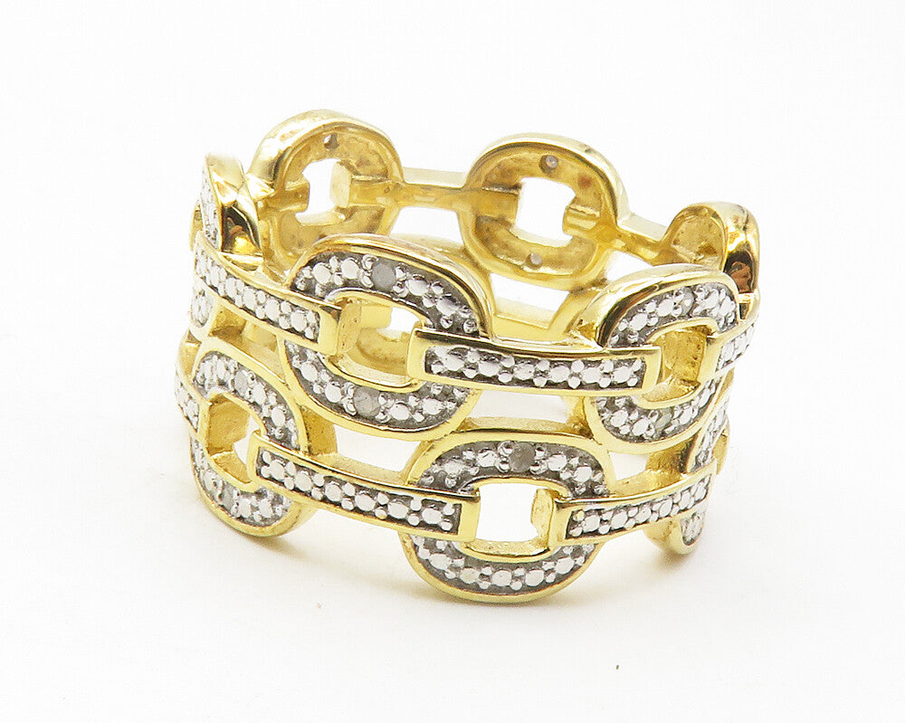 925 Sterling Silver  Genuine Diamonds Gold Plated Band Ring Sz 10  RG11696