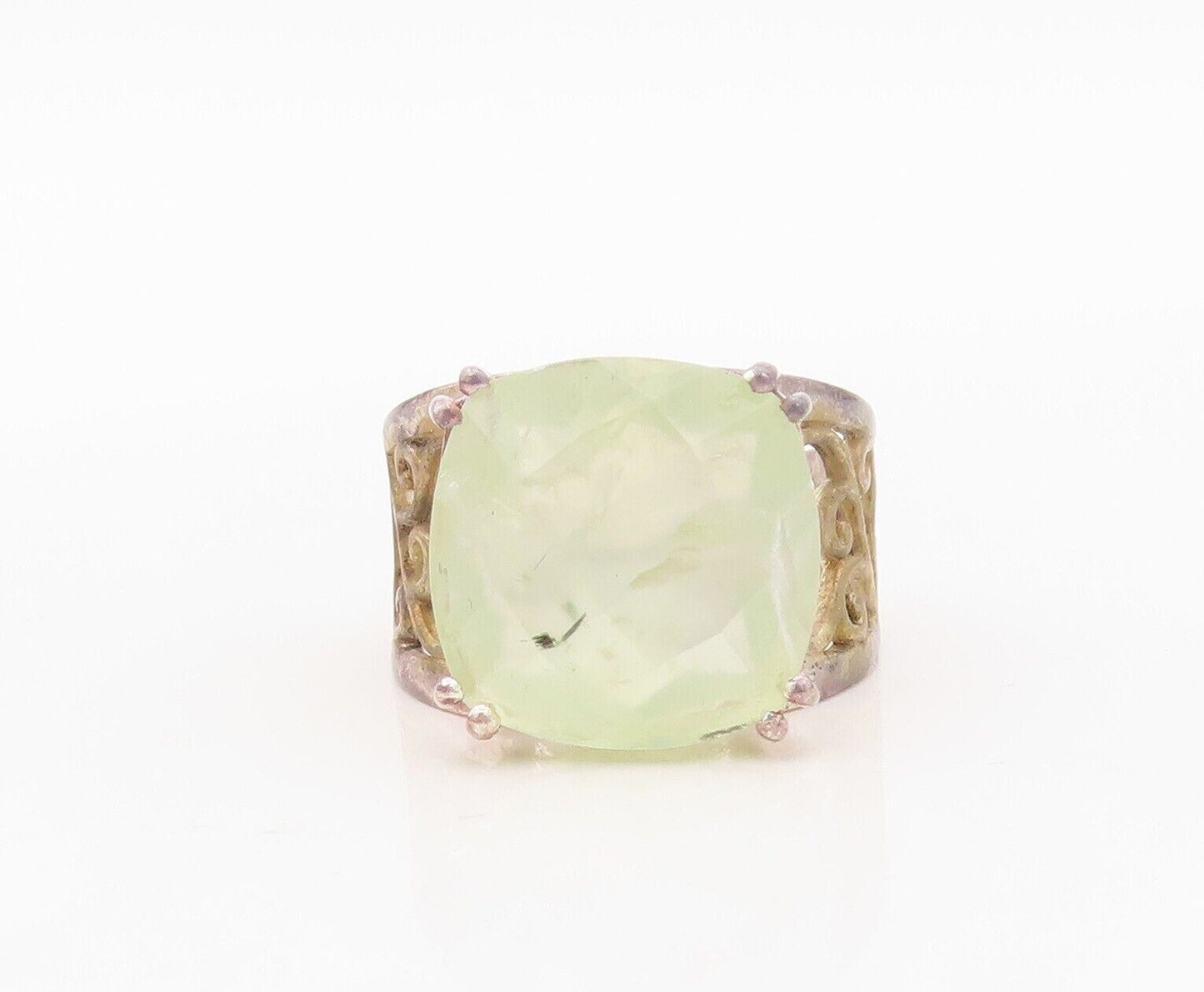 925 Sterling Silver Vintage Ring Swirly Cut Band Green Gemstone  Sz 7.5  RG30441