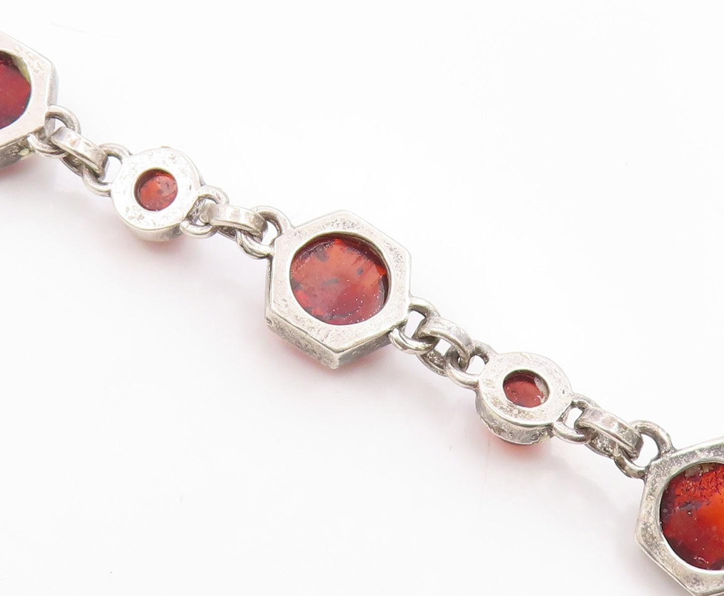 925 Sterling Silver Vintage Bracelet Chunky Honey Amber Geometric Link  BT12085