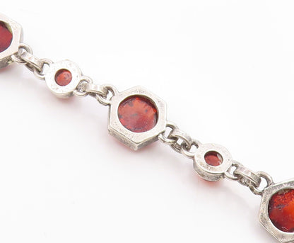 925 Sterling Silver Vintage Bracelet Chunky Honey Amber Geometric Link  BT12085