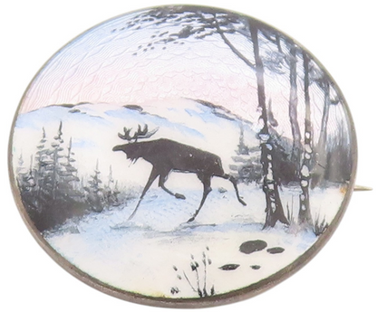 925 Sterling Silver Vintage Brooch NORWAY Enameled Moose Winter Scenery  BP11823