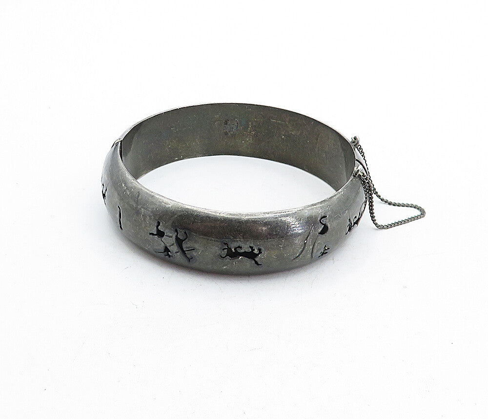 MEXICO 925 Sterling Silver  Vintage Oxidized Cutout Bangle Bracelet  BT1900