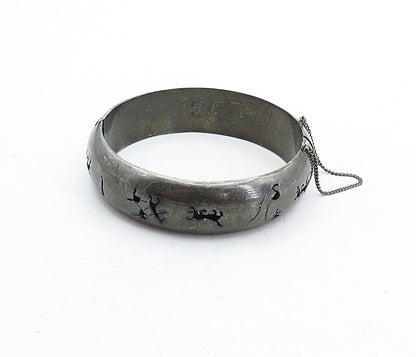 MEXICO 925 Sterling Silver  Vintage Oxidized Cutout Bangle Bracelet  BT1900