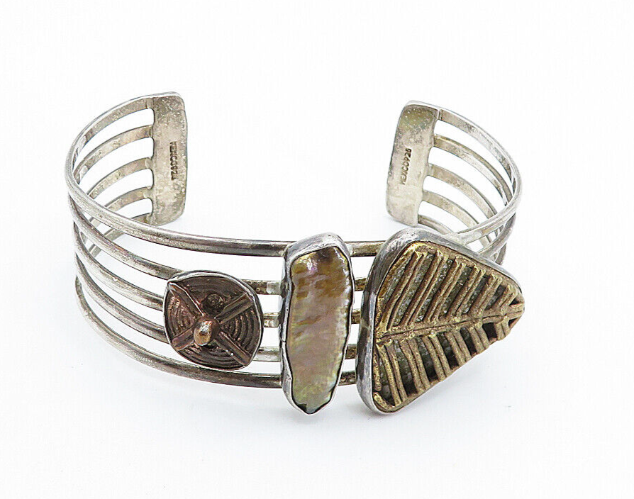 MEXICO 925 Silver  Vintage Abalone Shell Split Shank Cuff Bracelet  BT2893