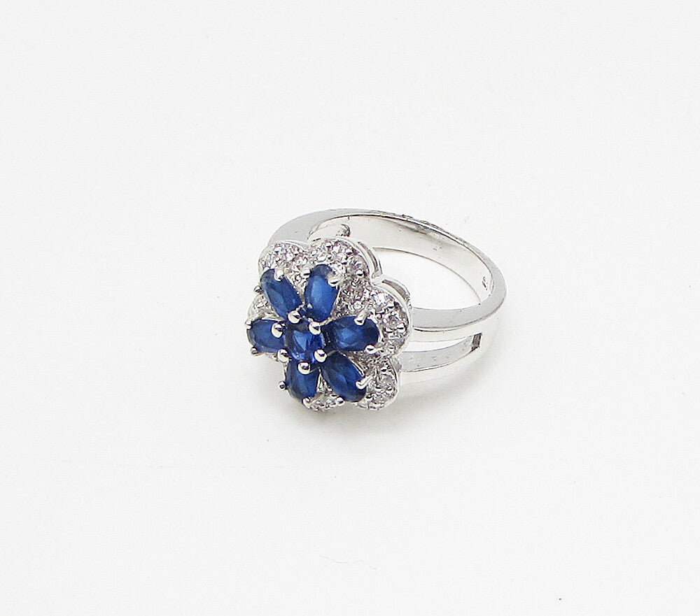 925 Silver  Blue Topaz & White Cubic Zirconia Floral Cocktail Ring Sz 7  RG3437