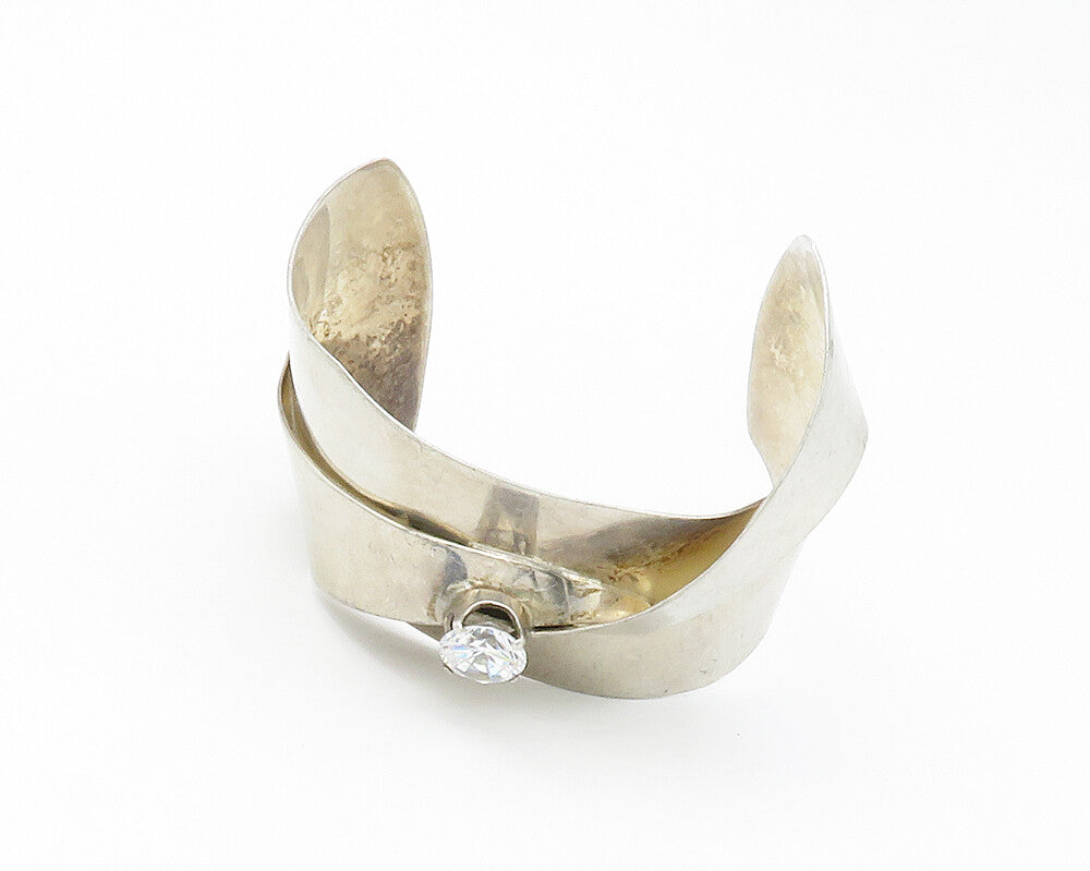 MEXICO 925 Sterling Silver Vintage Cubic Zirconia Modernist Cuff Bracelet BT5344