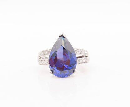 925 Sterling Silver Vintage Ring Drop Cut Sapphire & CZ Cutout Band Sz 7 RG30656
