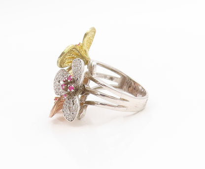 925 Sterling Silver Vintage Ring Pink Topaz & CZ Floral Petals  Sz 8  RG34536