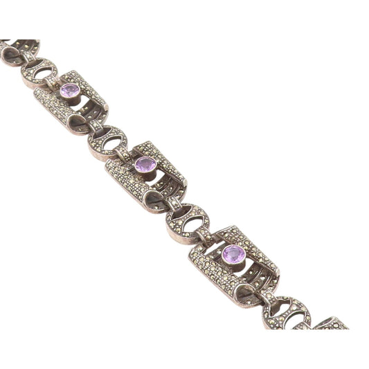 925 Silver  Vintage Amethyst & Marcasite Folded Deco Link Bracelet  BT9560