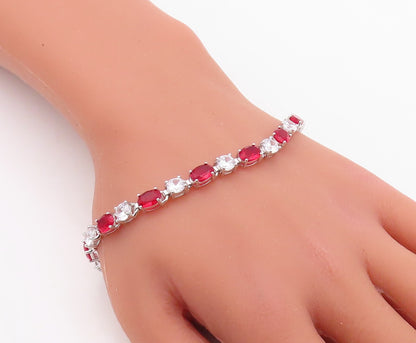 925 Sterling Silver Vintage Bracelet Minimalist Oval Cut Red & White CZ  BT10882