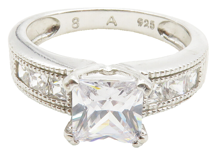 925 Sterling Silver  Cubic Zirconia Solitaire With Accents Ring Sz 8.5 RG12832