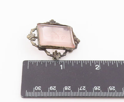 925 Sterling Silver Vintage Brooch Pin Rose Quartz Carved Floral Frame  BP12632