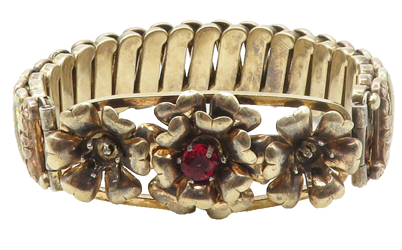 LUSTERN 925 Silver & 12K GOLD  Vintage Red Topaz Floral Chain Bracelet  BT5530
