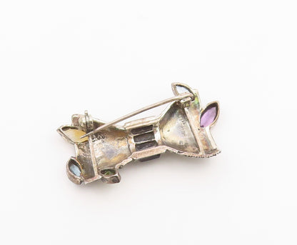 925 Sterling Silver Vintage Brooch Pin Classic Multi Gemstone Ribbon Bow BP12584