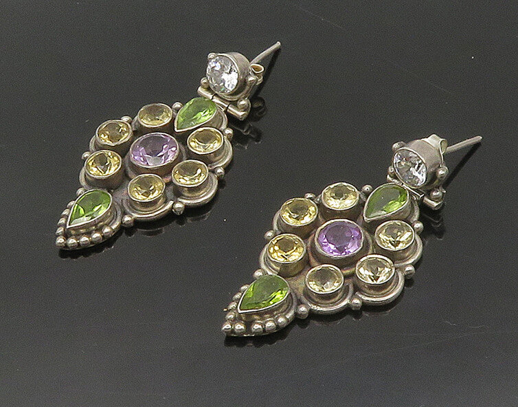 925 Silver   Vintage Cubic Zirconia Amethyst & Peridot Drop Earrings  EG8959