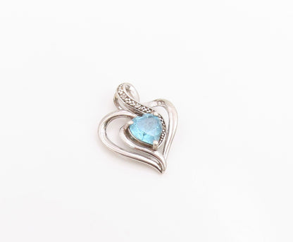 925 Sterling Silver Vintage Pendant Real Diamonds & Topaz Love Heart  PT25976