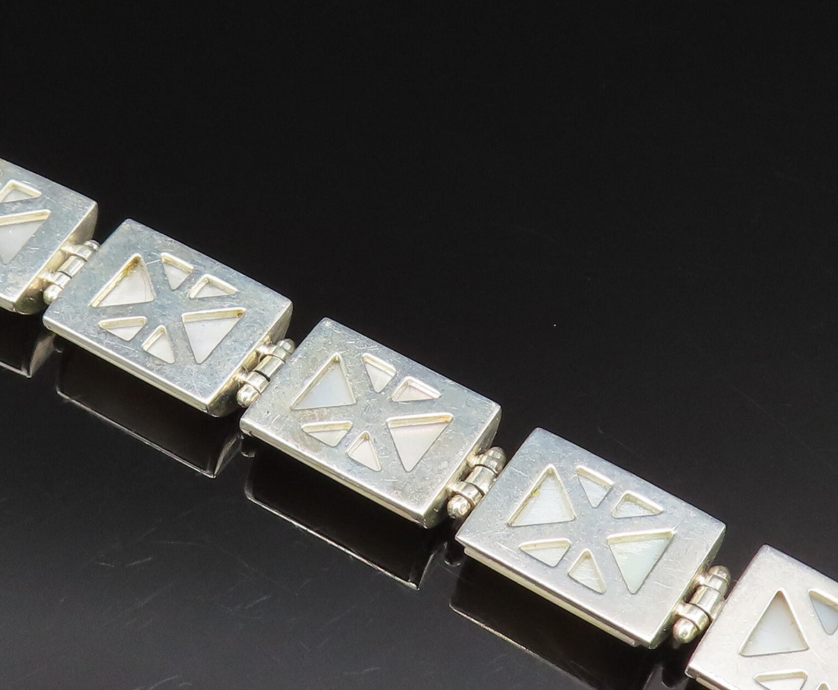 925 Sterling Silver  Vintage Rectangle Mother Of Pearl Tennis Bracelet  BT9516