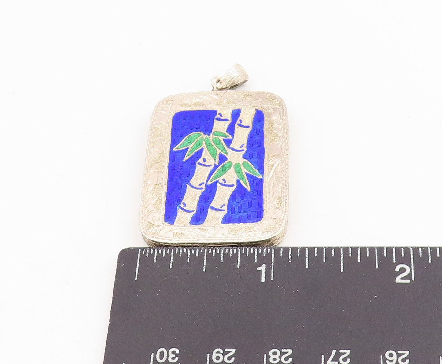 925 Sterling Silver Vintage Pendant Blue Enameled Bamboo Medallion  PT25187