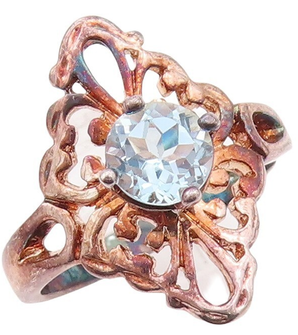 925 Sterling Silver Vintage Ring Floral Cutout Blue Topaz  Sz 7  RG29942