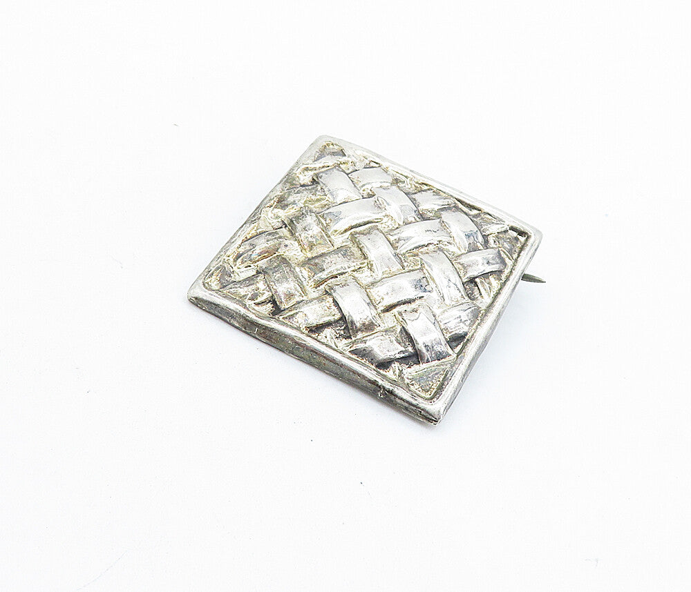 MEXICO 925 Sterling Silver  Vintage Basket Weave Square Brooch Pin  BP2390