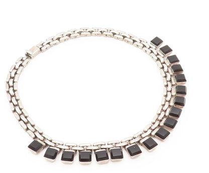 MEXICO 925 Sterling Silver Vintage Necklace Link Chain Onyx Heavy NE4206