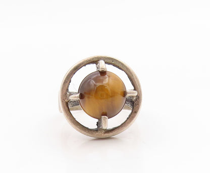 925 Sterling Silver Vintage Ring Round Tiger's Eye Modernist Band  Sz 6  RG34872