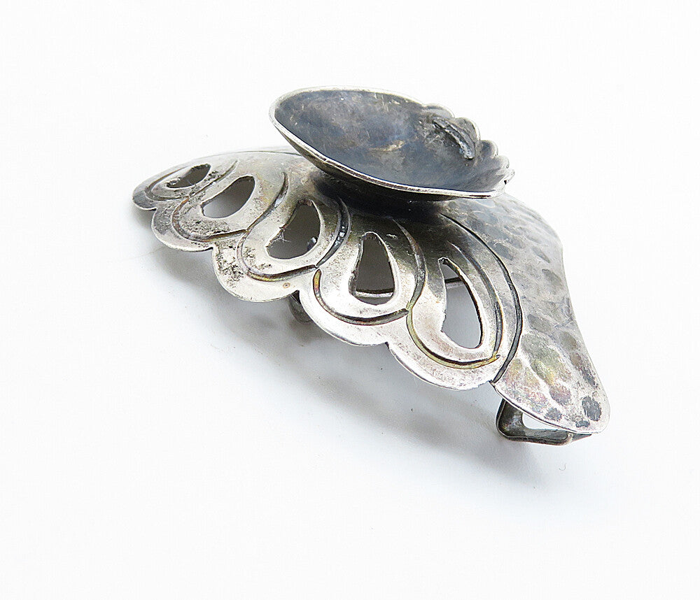925 Sterling Silver  Vintage Dark Tone Hammered Wing Motif Brooch Pin  BP2770