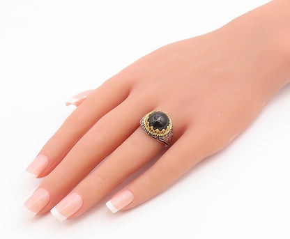 925 Sterling Silver Vintage Ring Two Tone Onyx Statement Band  Sz 7  RG36727