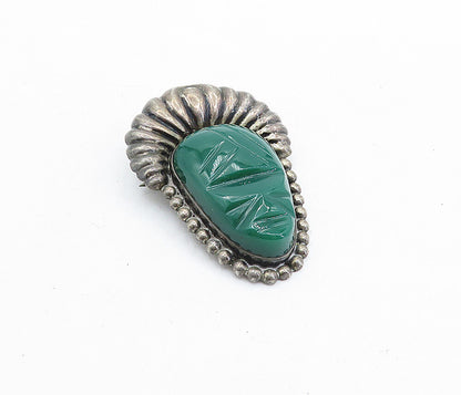 MEXICO 925 Sterling Silver  Vintage Green Onyx Carved Face Brooch Pin  BP2106