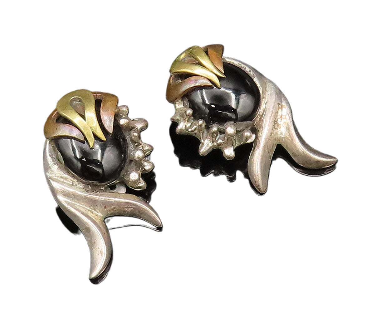 925 Sterling Silver Vintage Two Tone Modernist Onyx Clip Back Earrings EG12225
