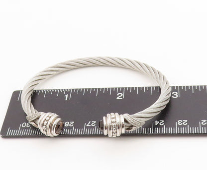 925 Sterling Silver Vintage Bracelet Real Diamonds & Smoky Quartz Cuff  BT11432