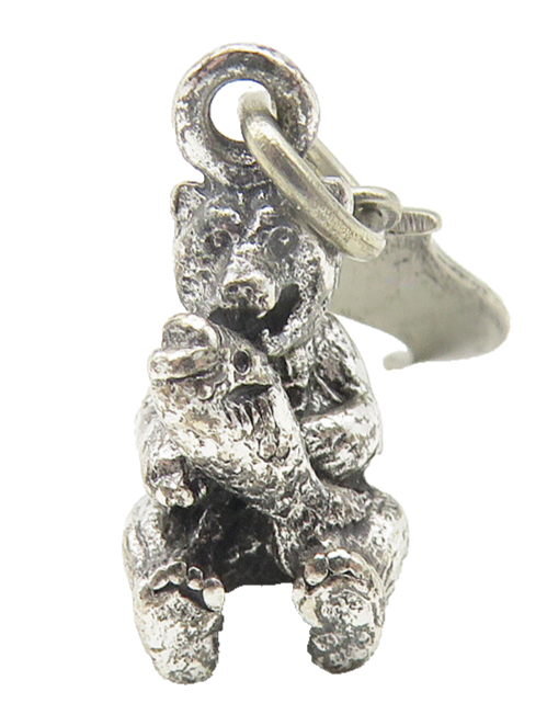 925 Sterling Silver  Vintage Sitting Bear & Fish New York Drop Pendant  PT9374