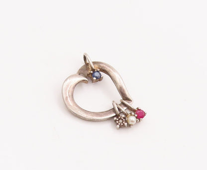 925 Sterling Silver Vintage Pendant LENOX Cutout Heart With Gemstones PT23303