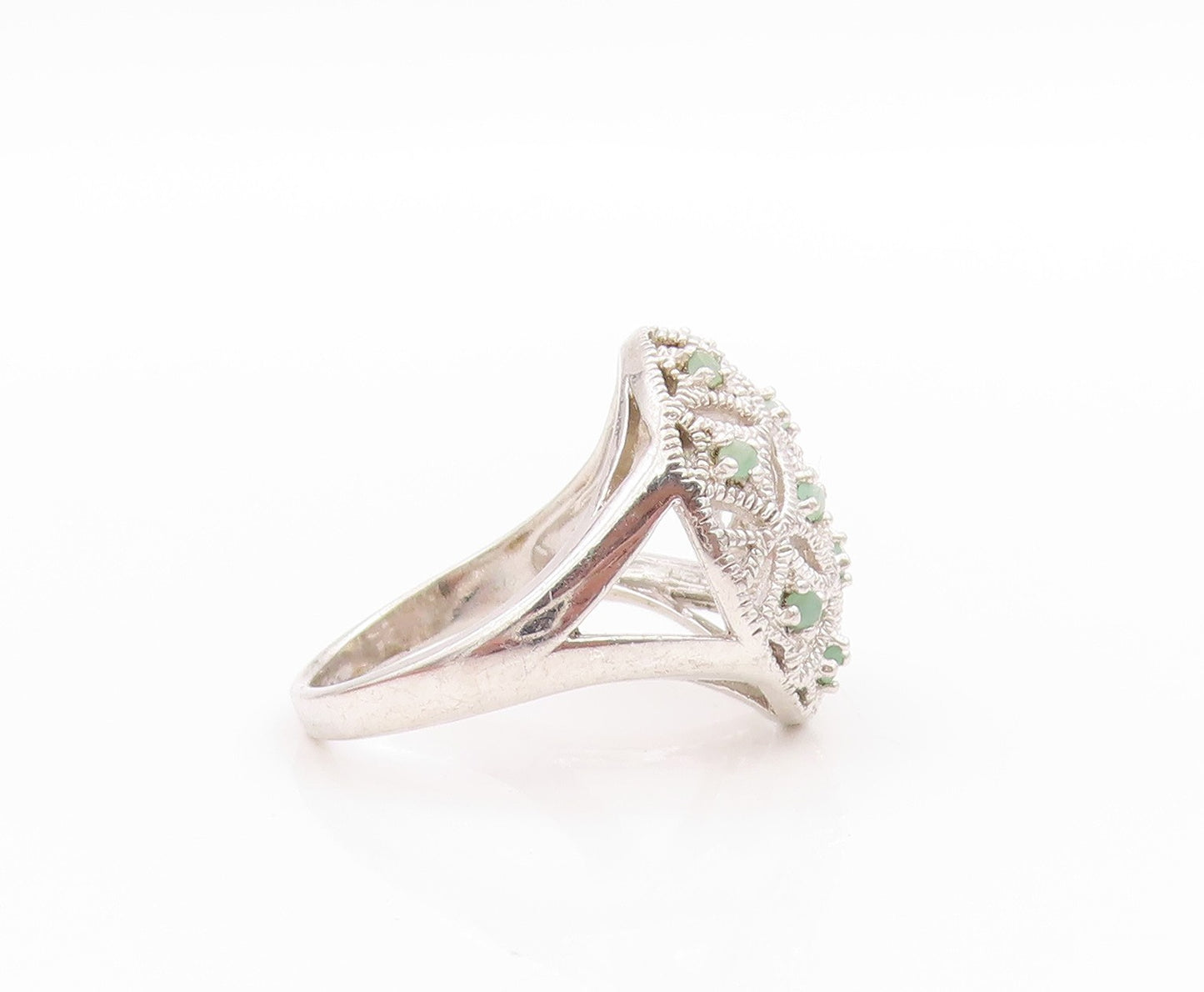 925 Sterling Silver Vintage Ring Emerald Floral Cut Out Split Band  Sz 7 RG33580